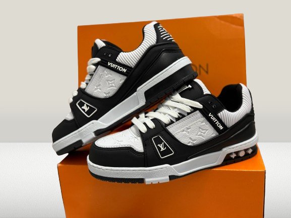 Close view of Louis Vuitton black and white trainers