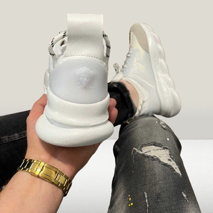 Heel view of classic white Versace Chain  Shoes