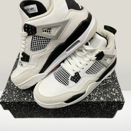 Jordan 4 Military Black sneakers in iconic white, black military-inspired colorway