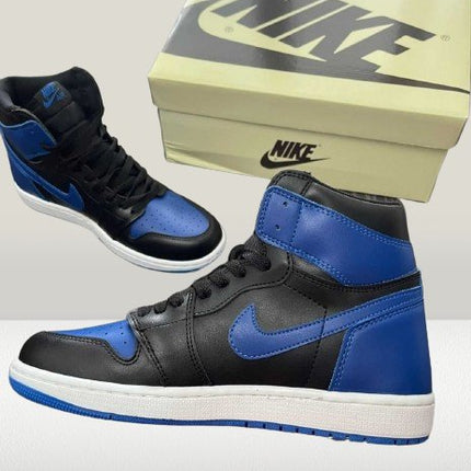 Retro Jordan 1 High with royal blue Nike Swoosh and ankle collar