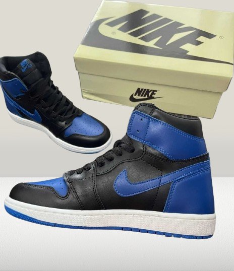 Retro Jordan 1 High with royal blue Nike Swoosh and ankle collar