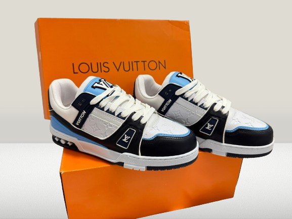 White and blue Louis Vuitton shoes on display